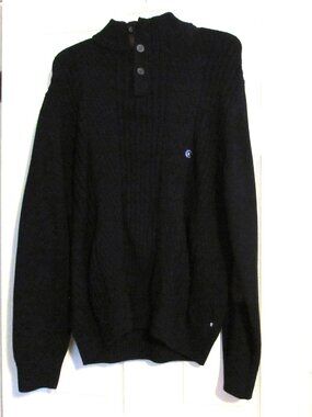 NWT CHAPS 100% Cotton Textured Black Sweater Buttoned Neck Size L